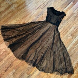 Vintage 1940s net tulle long gown with ruffled collar - sheer - maxi dress - s